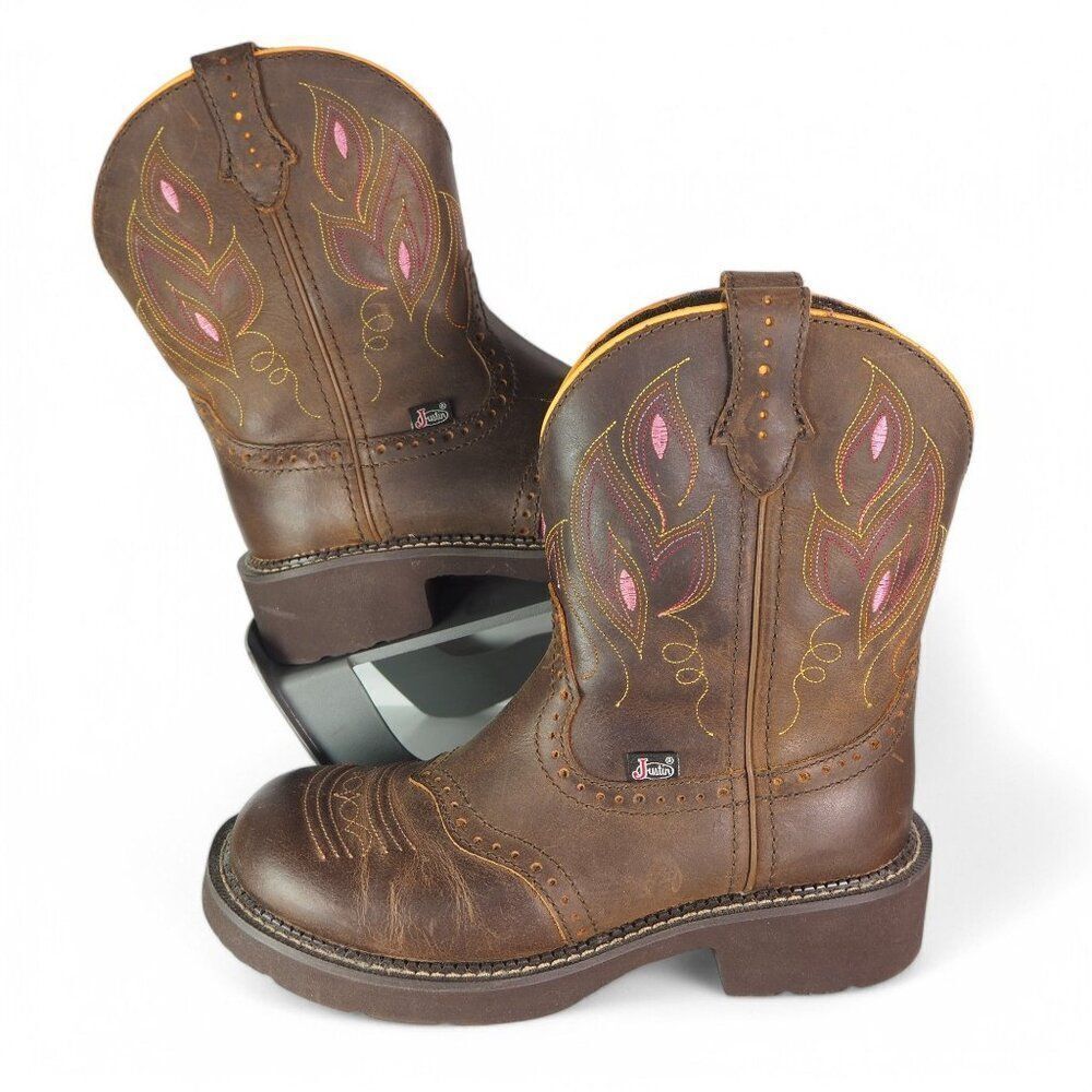 Justin Gemma 8" Round Toe Western Cowboy Boots Dark Brown GY9526 Women's 7B‎